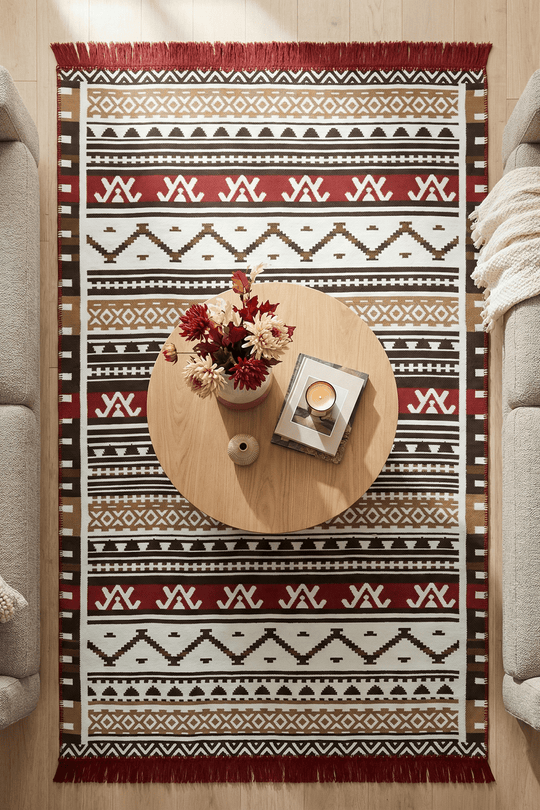 Etnik desenli kırmızı bej tonlu makinede yıkanabilir çift taraflı kilim halı, modern salon dekorasyonuna sıcak ve şık dokunuş