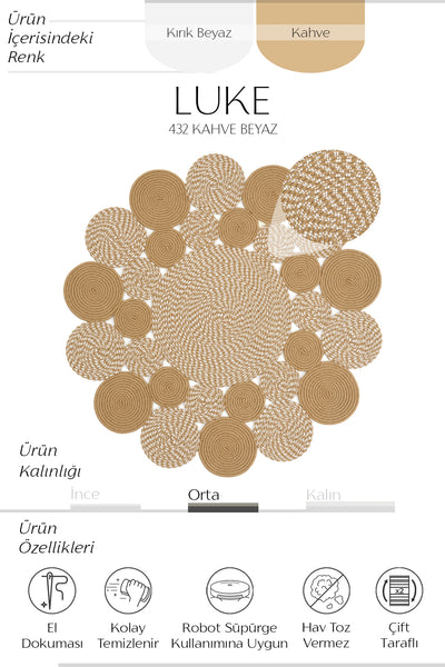 Cool Halı Luke 432 Kahve Beyaz El Dokuması Dekoratif Yuvarlak Halı