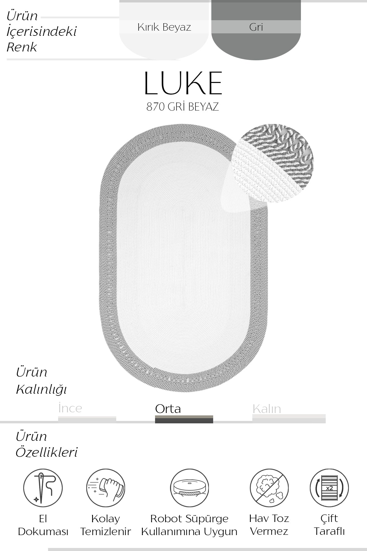 Cool Halı Luke 870 Beyaz Gri El Dokuması Dekoratif Oval Halı