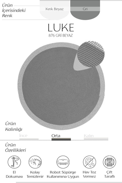 Cool Halı Luke 876 Gri Beyaz El Dokuması Dekoratif Yuvarlak Halı