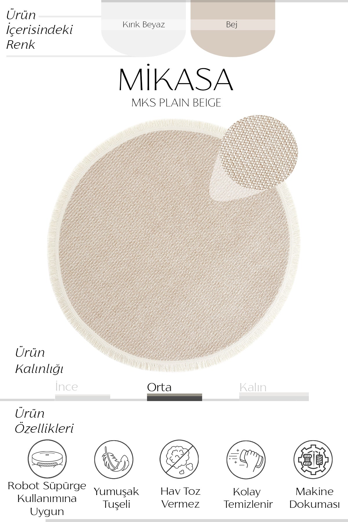 Cool Halı Mikasa MKS Plain Bej Örgü Dokuma Modern Yuvarlak Halı