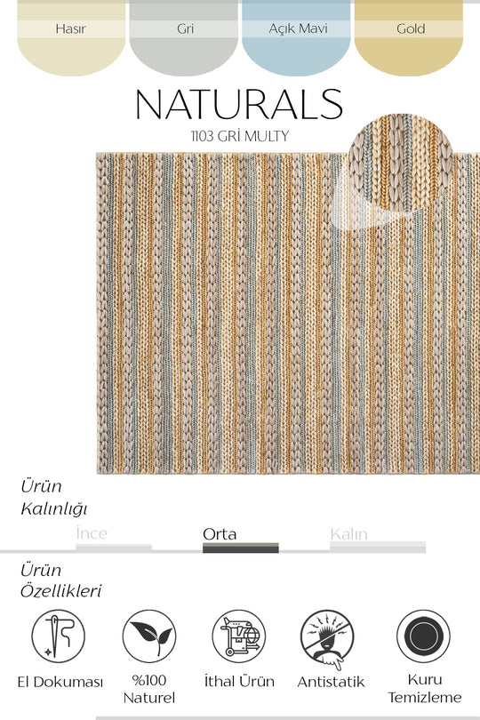 Cool Halı Naturals 1103 Gri Multi Doğal Jüt Örgü Halı