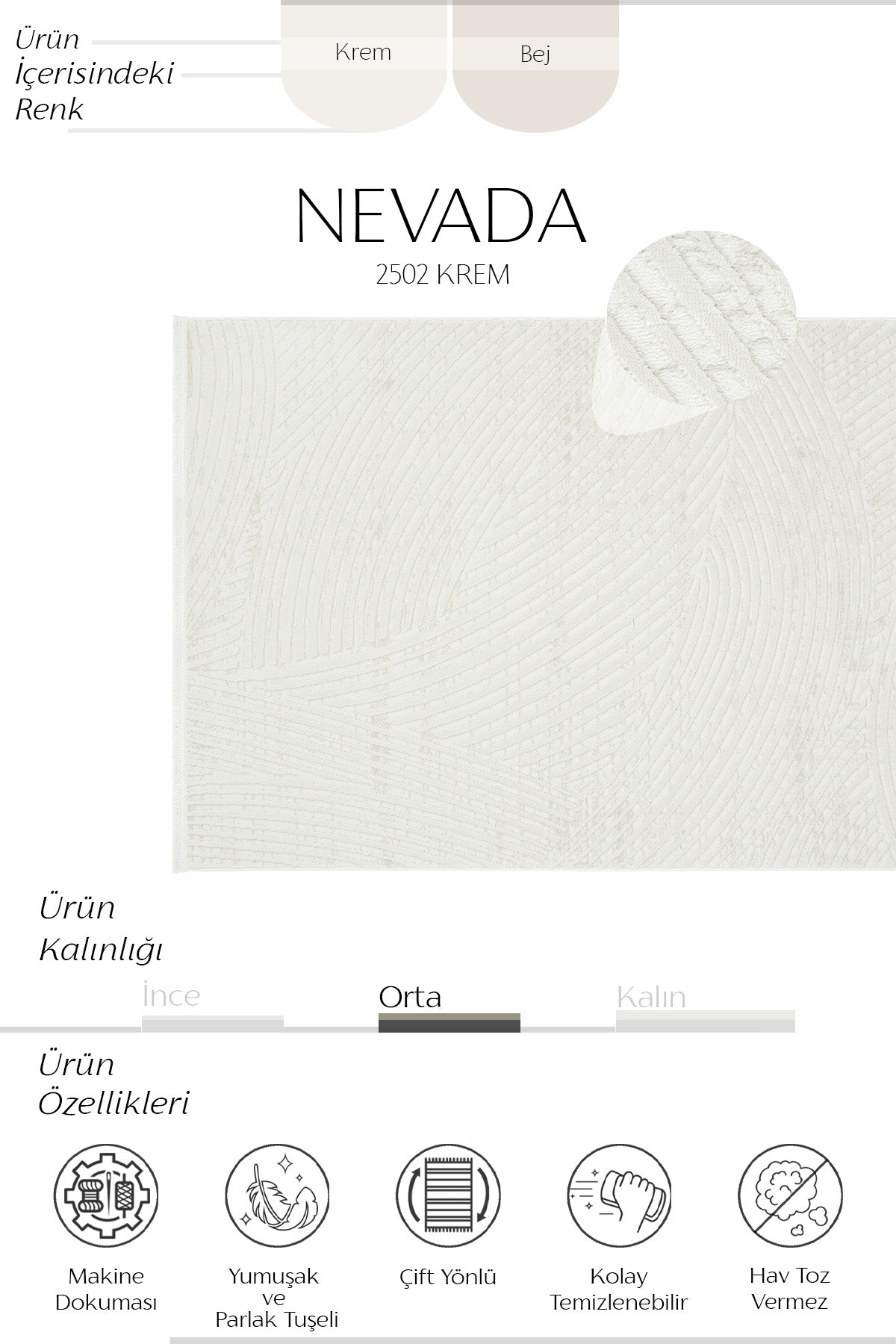 Cool Halı Nevada 2502 Krem Yumuşak Ve Parlak Tuşeli Modern Halı