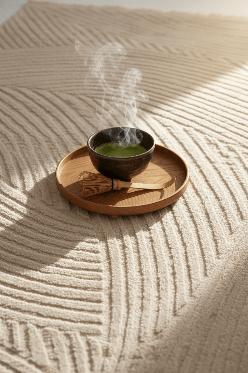 Ahşap tepside matcha çayıyla birlikte sergilenen Cool Halı Nevada 2502 krem halı, yumuşak dokusu ve modern çizgileriyle sıcak bir atmosfer oluşturuyor
