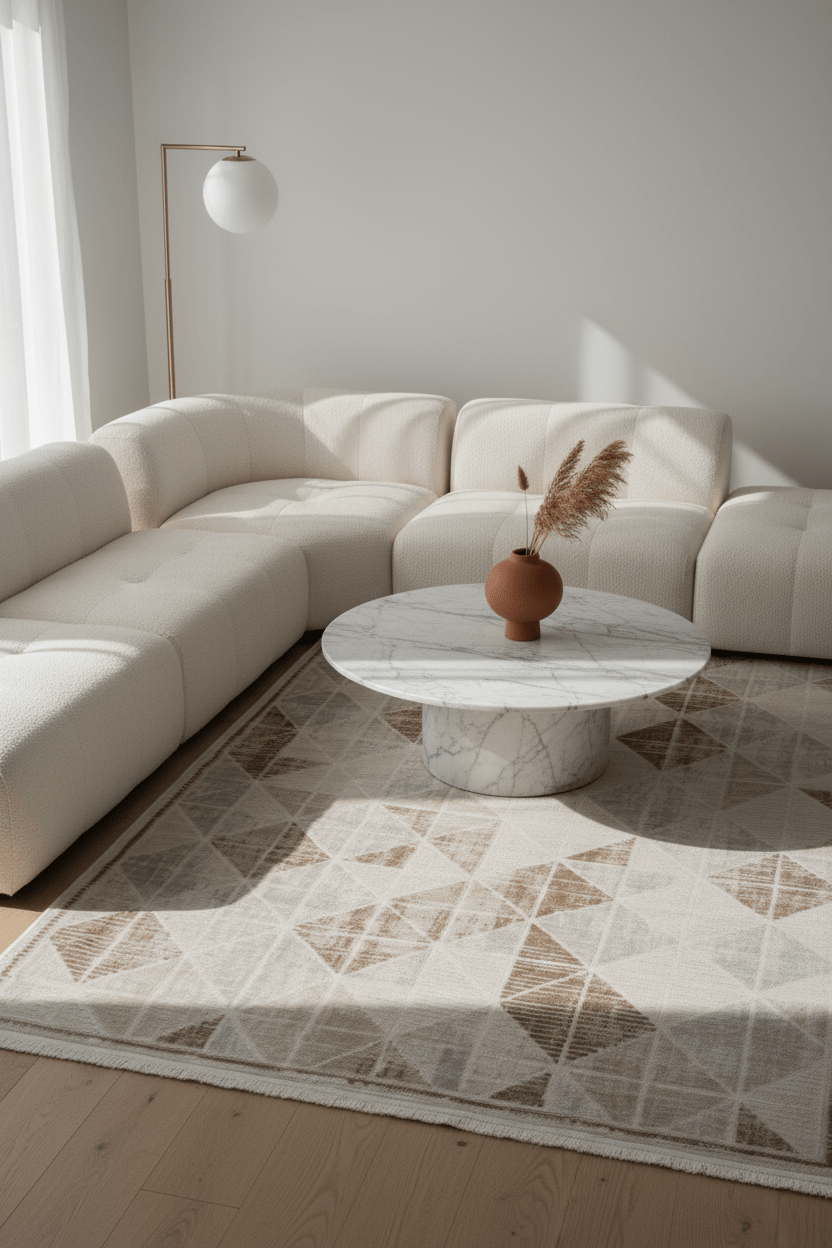Modern salonda yer alan Cool Halı Nevada 2503 krem bej halı, geometrik deseniyle oturma alanına zarif bir dokunuş katıyor