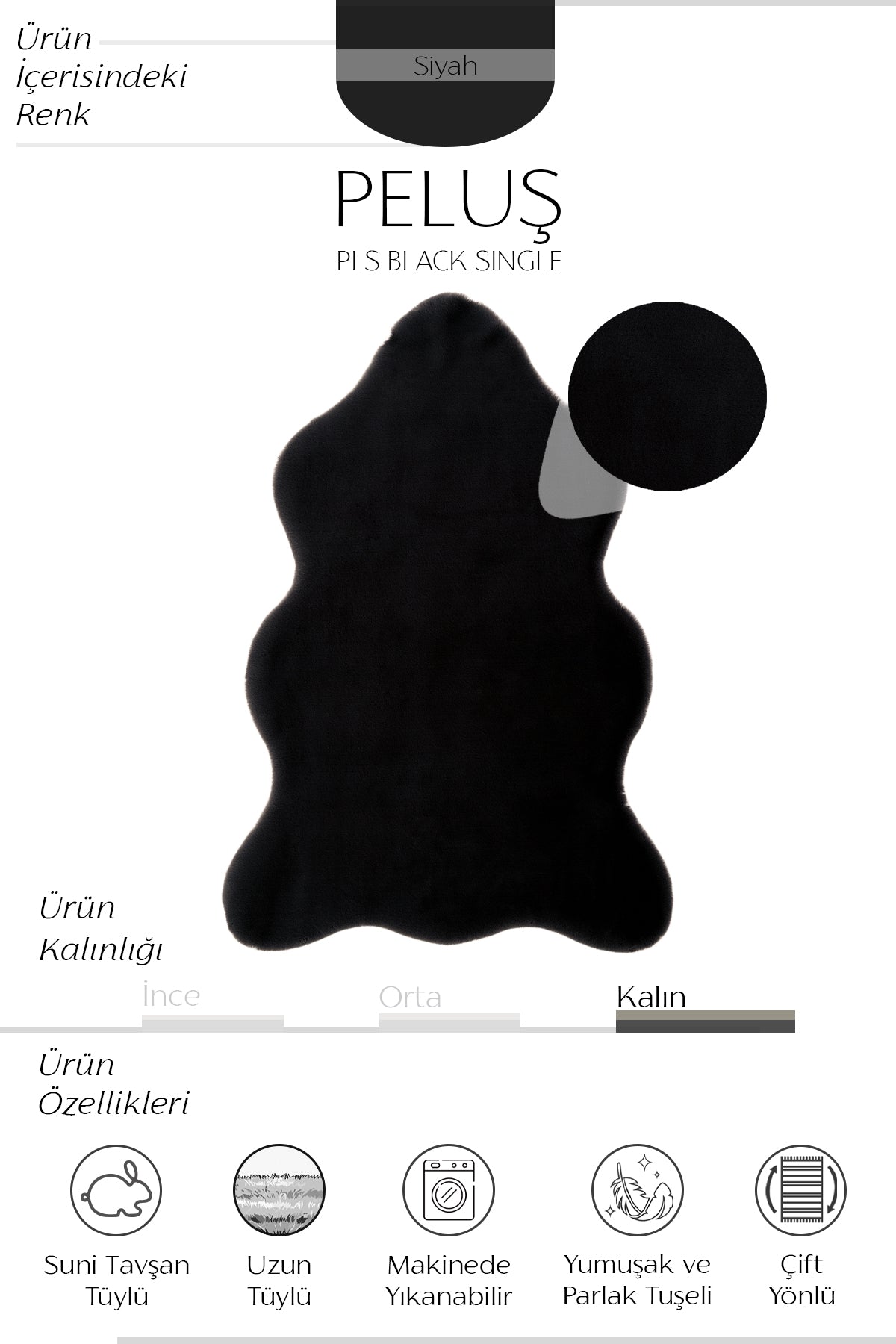 Cool Halı Peluş Siyah Makinede Yıkanabilir Post Halı