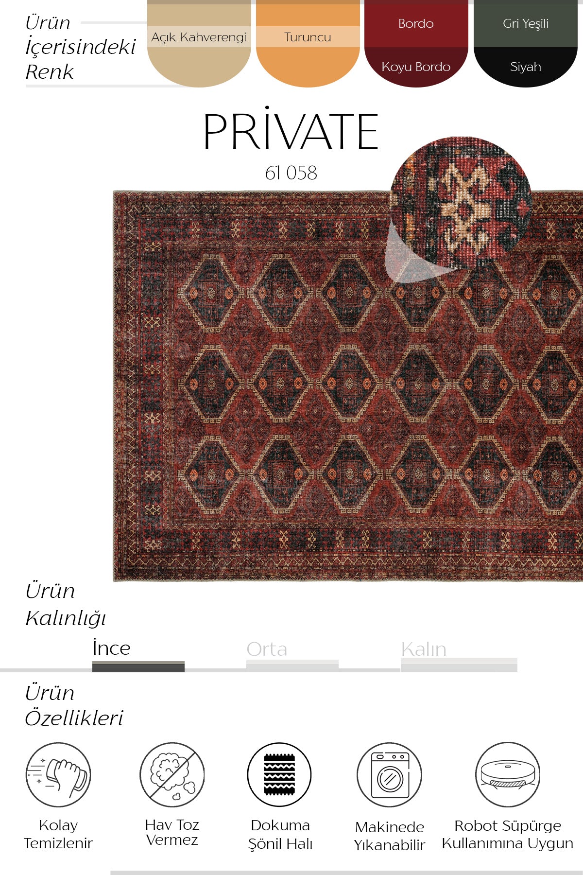 Cool Halı Private 61-058 Koyu Bordo Renkli Vintage Halı