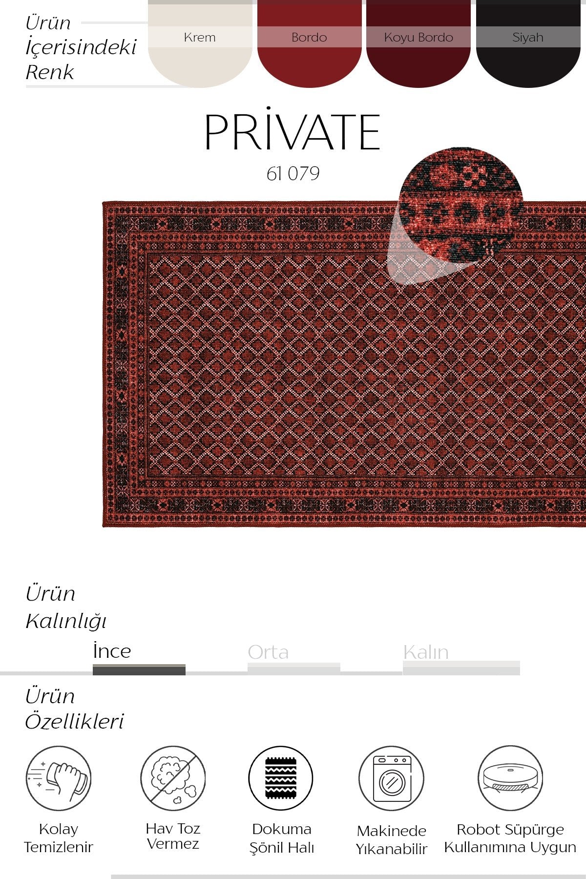 Cool Halı Private 61-079 Koyu Bordo Siyah Vintage Halı
