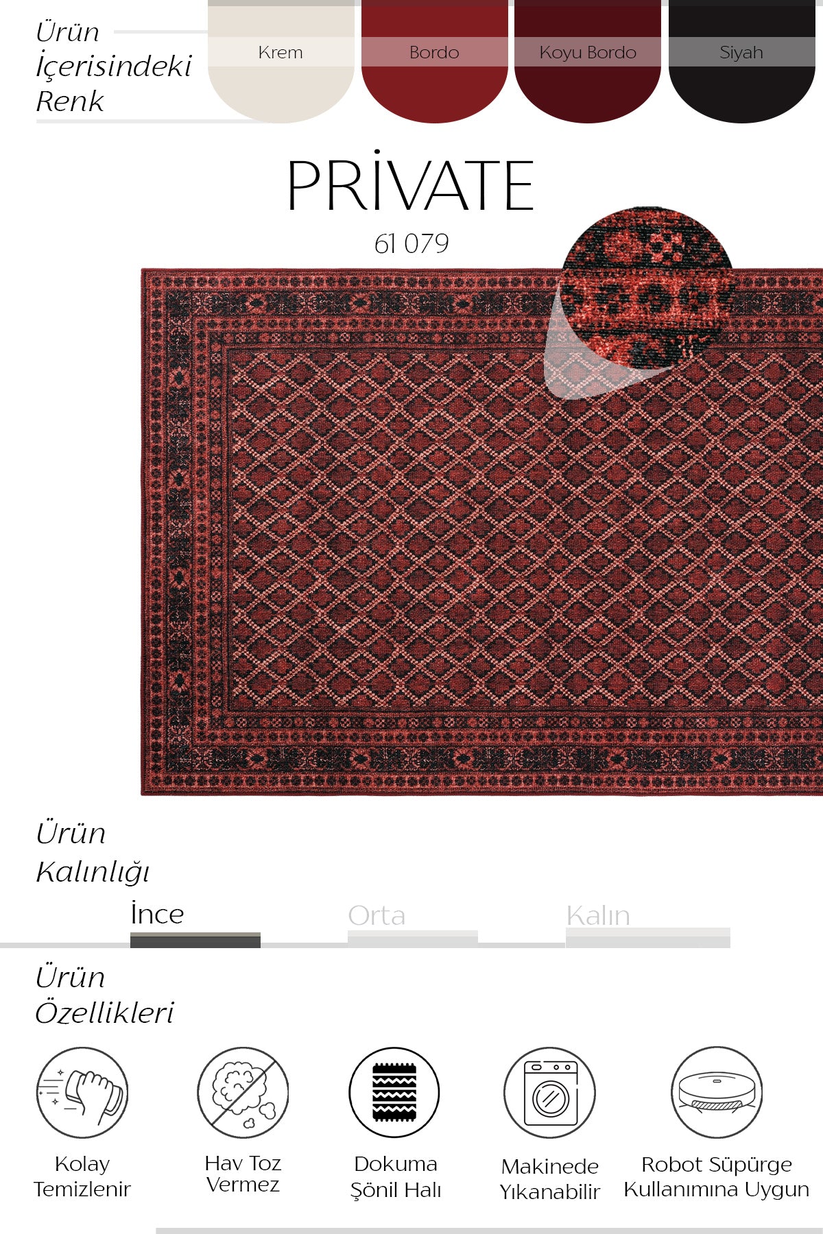 Cool Halı Private 61-079 Koyu Bordo Siyah Vintage Halı