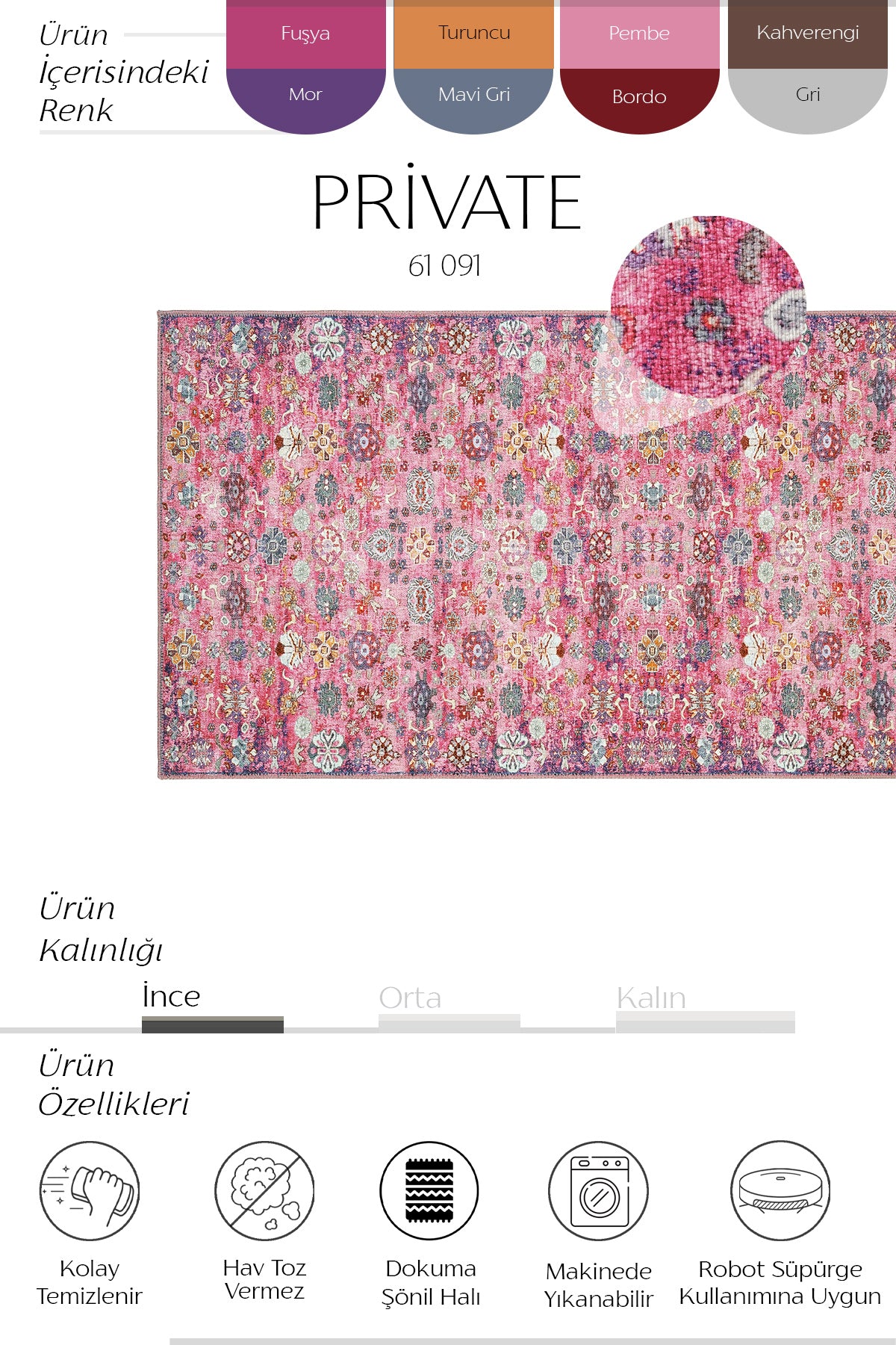 Cool Halı Private 61-091 Pembe Renkli Vintage Halı