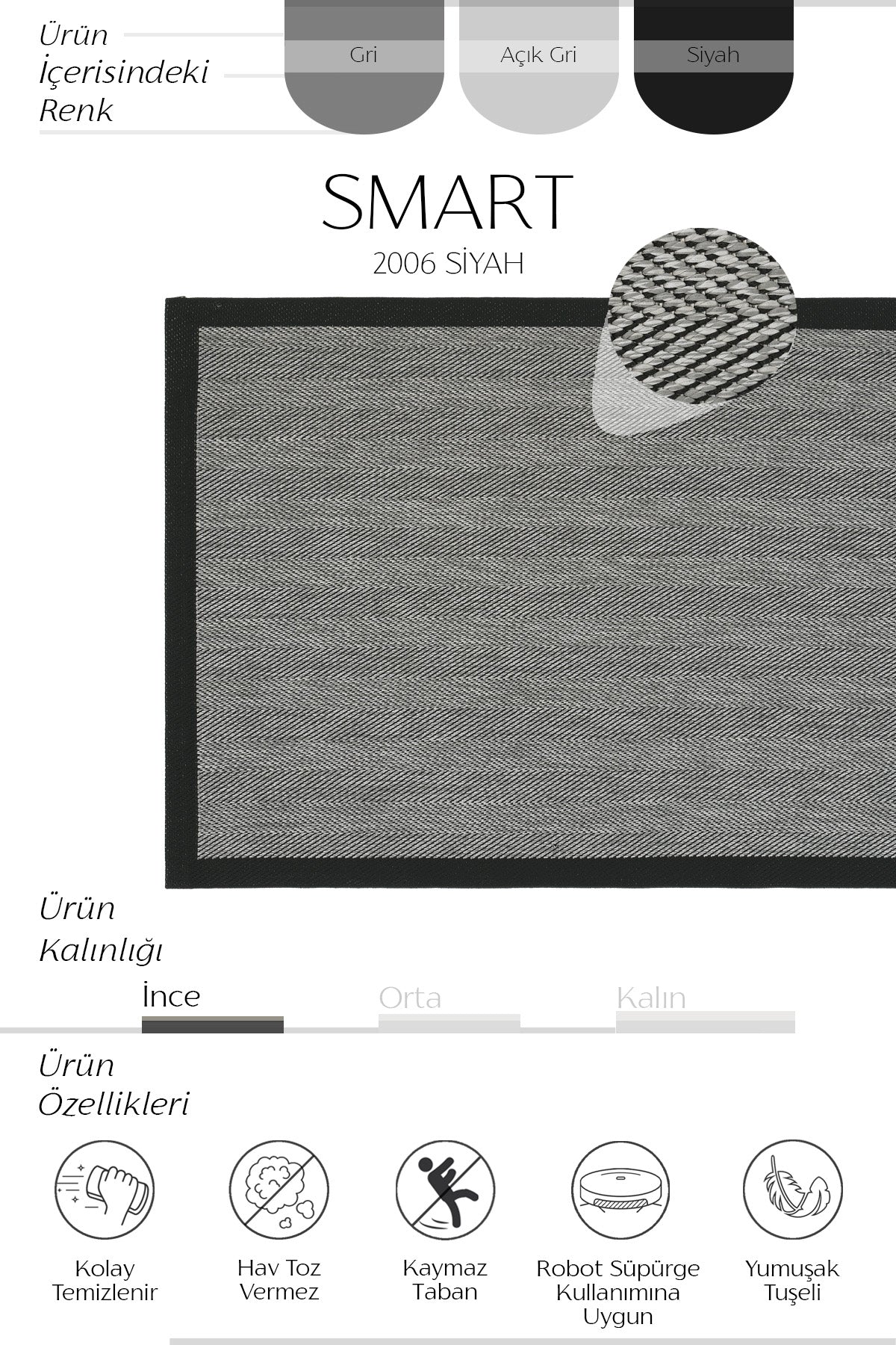 Cool Halı Smart 2006 Siyah Kaymaz Tabanlı Yıkanabilir Kilim