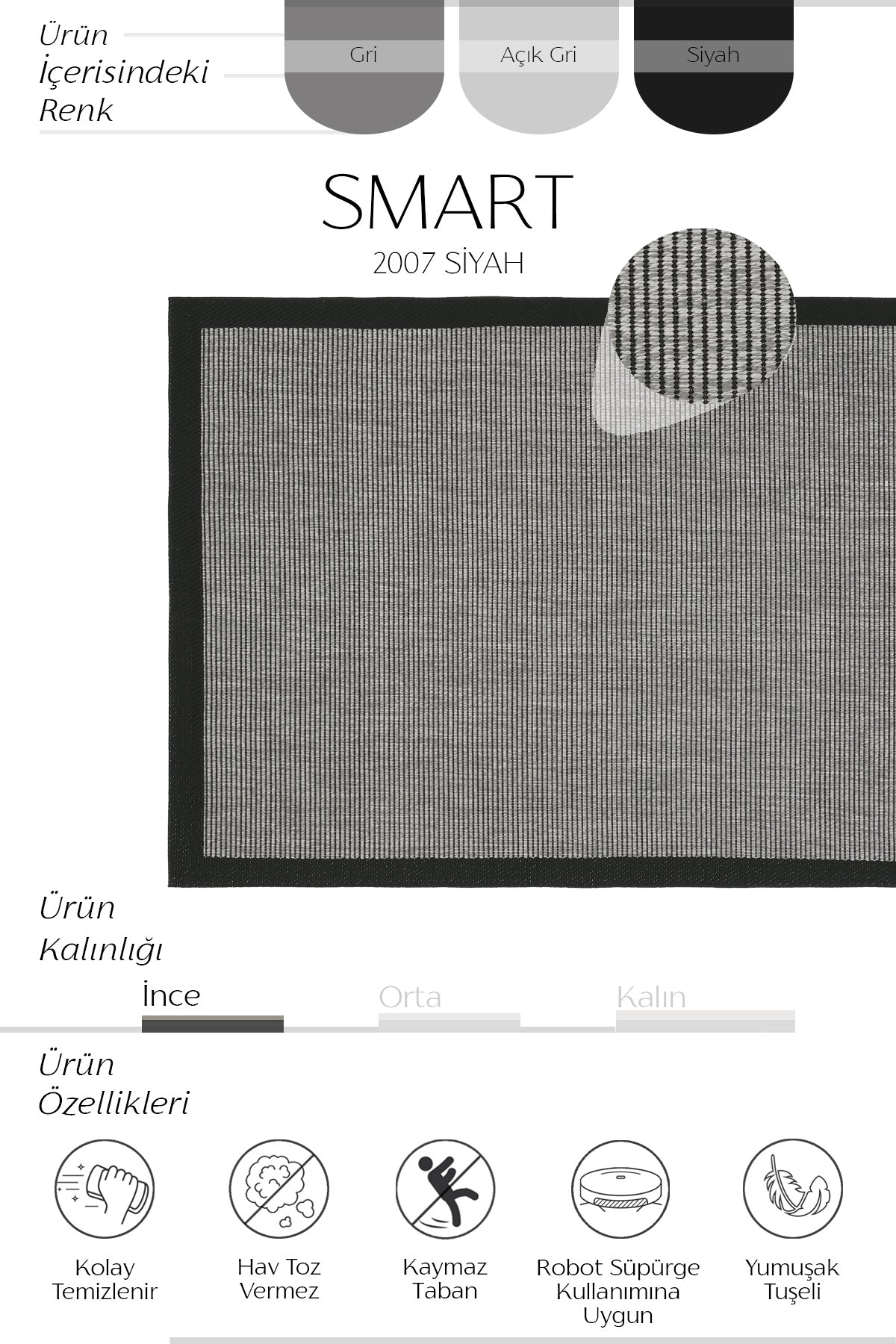 Cool Halı Smart 2007 Siyah Kaymaz Tabanlı Yıkanabilir Kilim