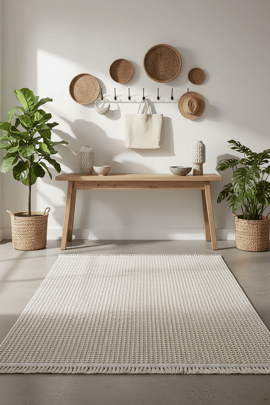 Modern giriş holünde doğal ışık alan, duvar dekorları ve ahşap konsol ile tamamlanan alanda kullanılan krem dokulu örgü halı