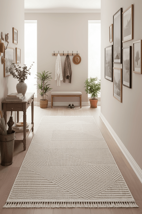 Doğal ışık alan ferah bir antrede duvar dekorları, bitkiler ve ahşap bench ile tamamlanan modern giriş alanında kullanılan geometrik desenli vizon tonlu Cool Halı Vera 1455 yolluk; sıcak bir karşılama hissi veren, kaymaz ve kolay temizlenen modern antre halısı görünümü