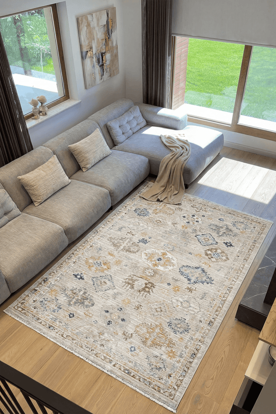 cool halı zaraf 404-22 krem bej vintage halı modern salon dekorasyonunda eskitme desenli yumuşak dokulu parlak tuşeli robot süpürge uyumlu şık halı modeli 