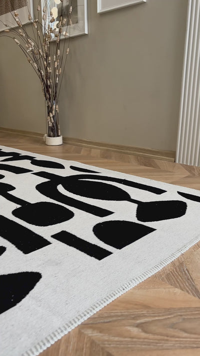 Cool Halı Perla Neo PRN 07 Beyaz Siyah Yıkanabilir Modern Pamuk Kilim
