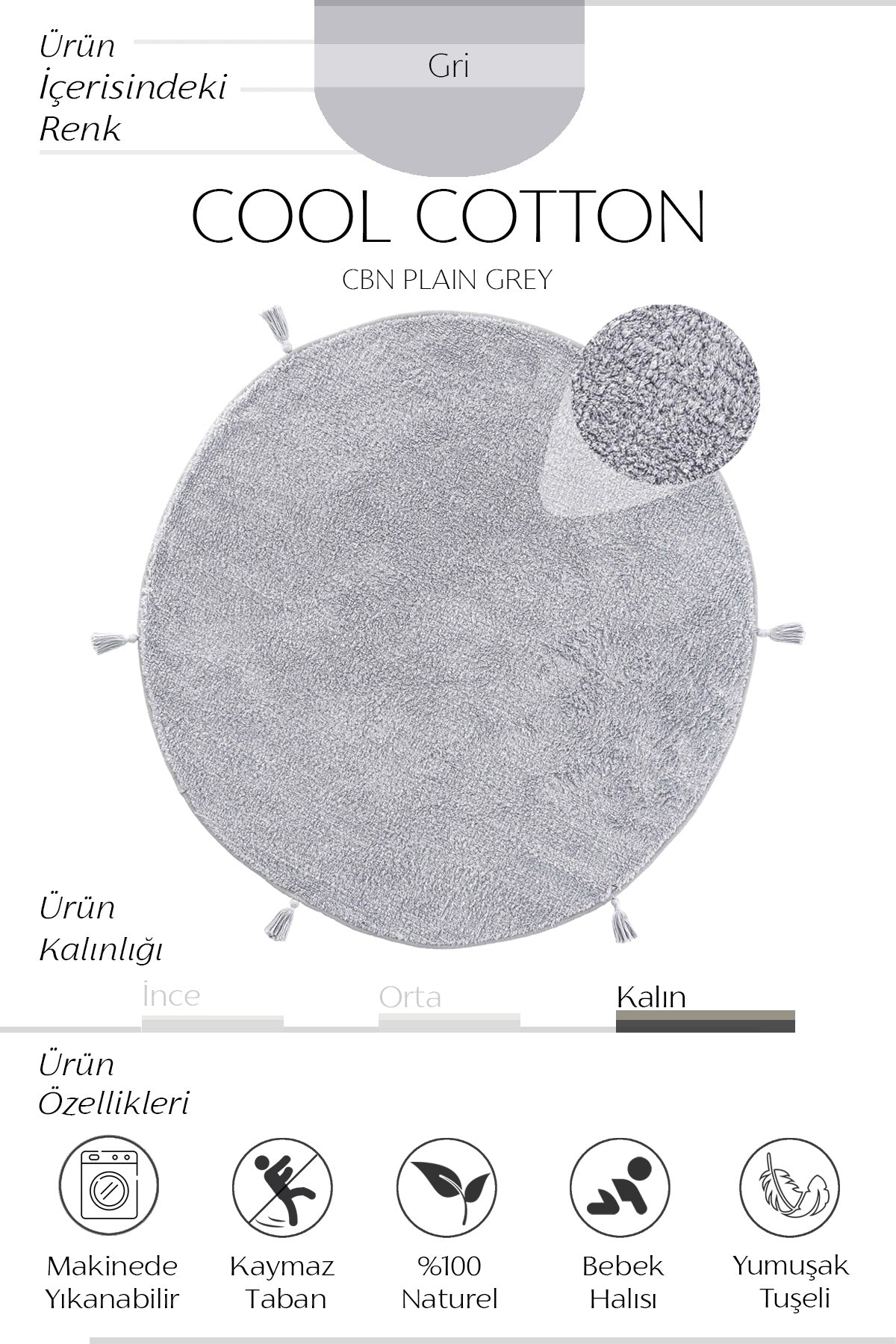 Cool Halı Cool Cotton CCN Plain Gri Yıkanabilir Yuvarlak Bebek Halısı